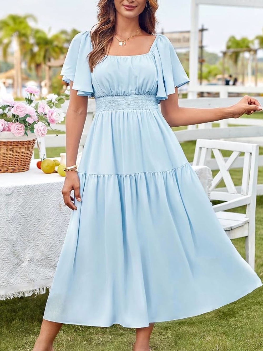 Grace Karin Light Blue Flutter Sleeve Smocked Midi Dress